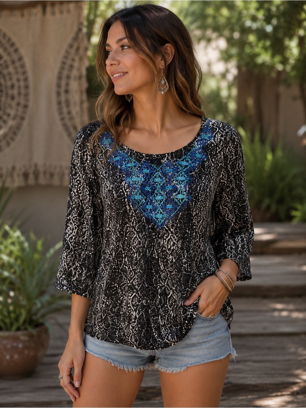Ecote Black and White Blue Embroidered Yoke Tunic Size S Boho Festival Flowy